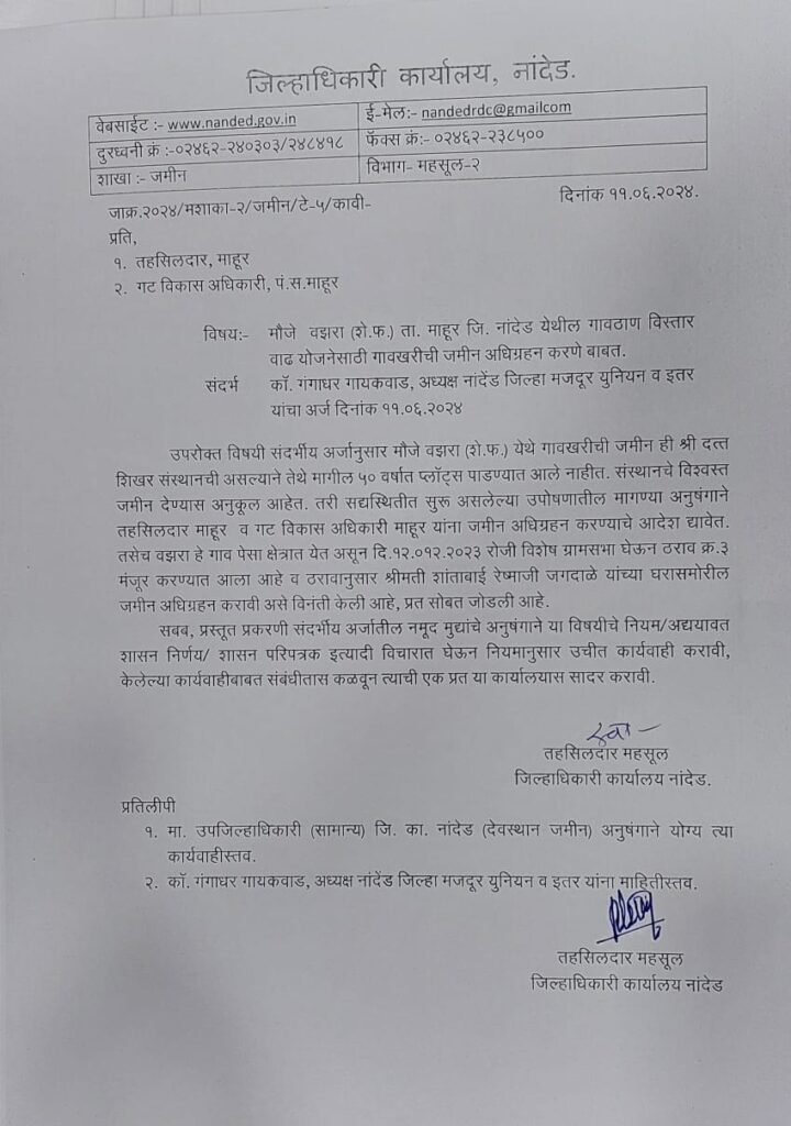 जिल्हाधिकारी यांचे निर्देश,गाव विस्तारवाढ कामी वझरा शेख फरीद येथील गावखारी अधिग्रहण करणेसाठी माहूर तहसीलदार आणि गट विकास अधिकाऱ्यांना पत्र -NNL